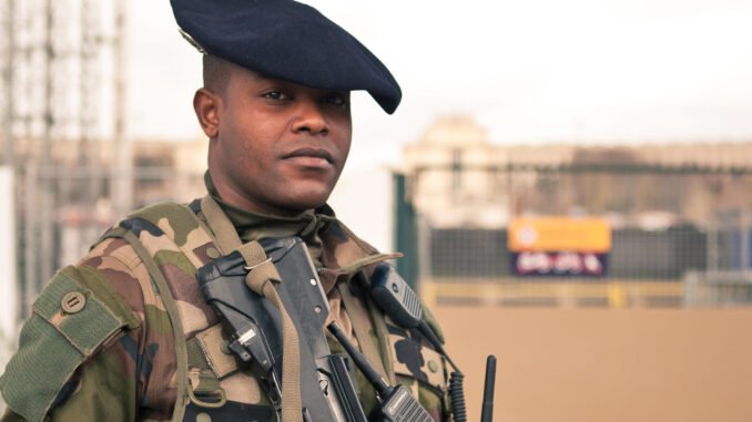 Illustration featuring French soldier for article on cybersecurity in France.