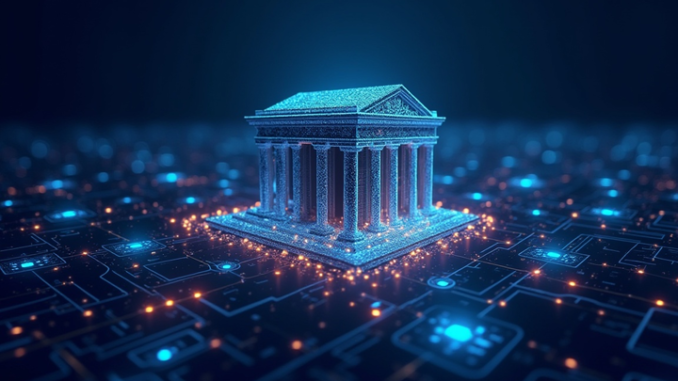 /invezz2 create an image showing modern bank building connected by glowing digital lines to a stylized blockchain network. Include Chainlink and Swift logos