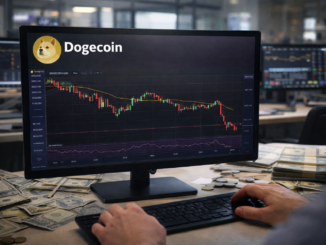 A trader’s hands operate a keyboard while monitoring a Dogecoin candlestick chart on a desktop monitor in a financial office setting.
